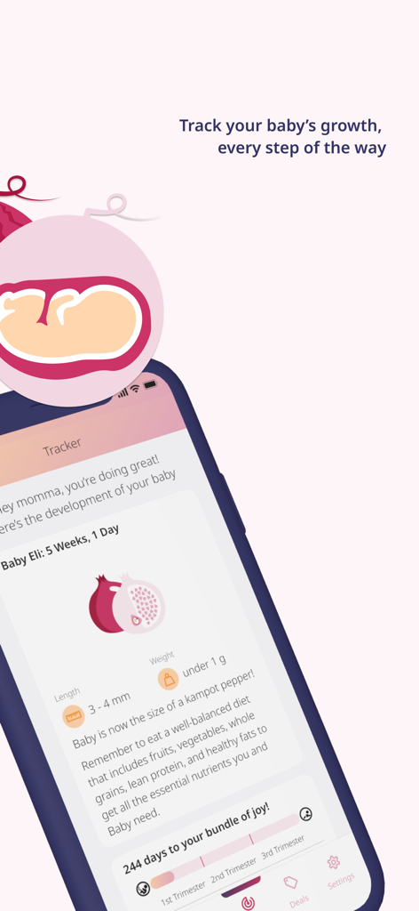 Mommy+ Pregnancy Tracker - Mommy plus pregnancy app interface showing baby growth tracking at five weeks with size comparison and nutrition advice