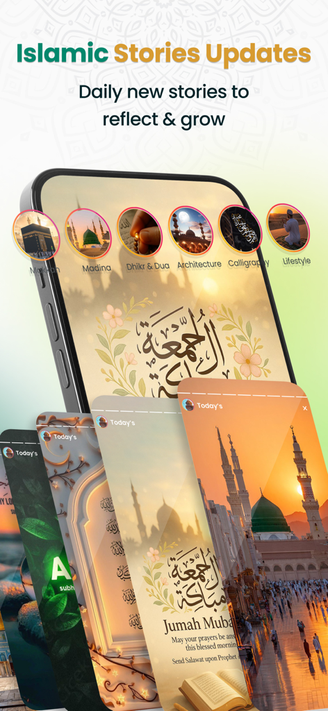 Quran Majeed - Tazkiah - Mobile phone screen displaying daily Islamic stories and spiritual content in the Tazkiah app