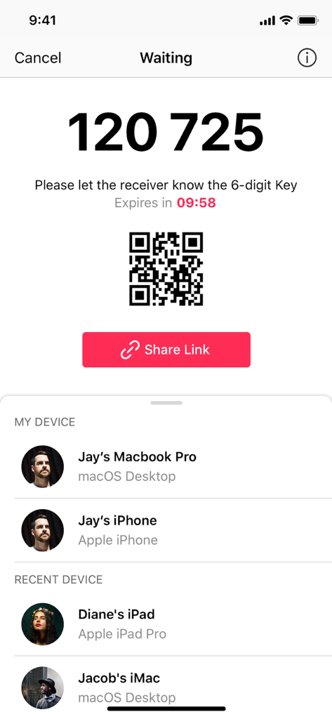 Send Anywhere interface with a six digit transfer key and QR code