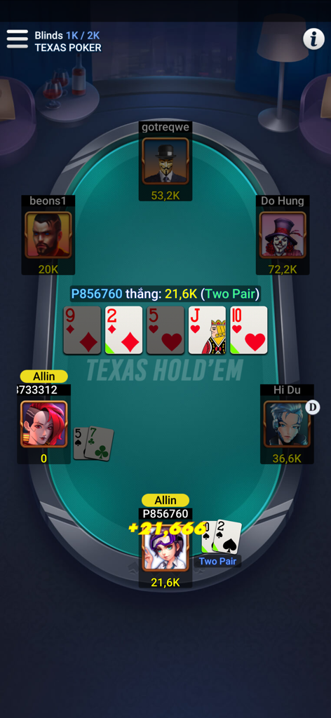 Tiến Lên Offline - Phỏm, Tá Lả - Una partida de póker Texas Hold'em en la aplicación Tien Len Offline con una mano ganadora de dos pares y avatares de jugadores