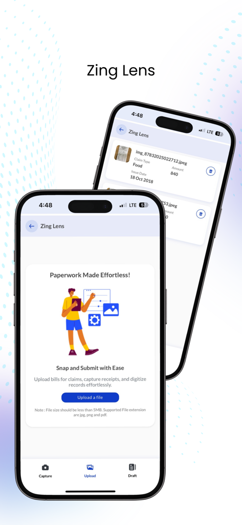 ZingHR mobile App-Oberfläche mit der Zing Lens-Funktion zum Scannen von Belegen und Einreichen von Spesenabrechnungen.
