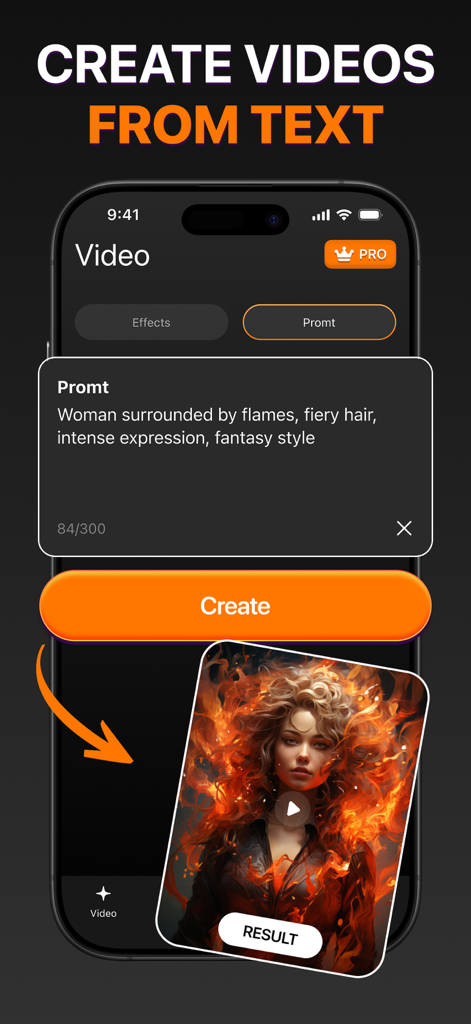 VideoVerse - AI Effects - Mobile app interface showing a text prompt for a woman with fiery hair and the resulting AI video effect