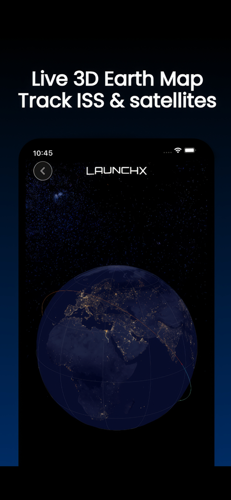LaunchX: Rocket Launch Tracker - LaunchX app interface showing a live 3D Earth map for tracking the ISS and satellites