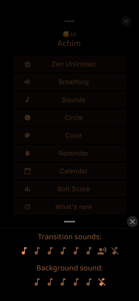 User interface of the Breathe app settings menu with options for sounds and rhythms