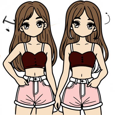 two sisters with crop tops and jean shorts and straight hair