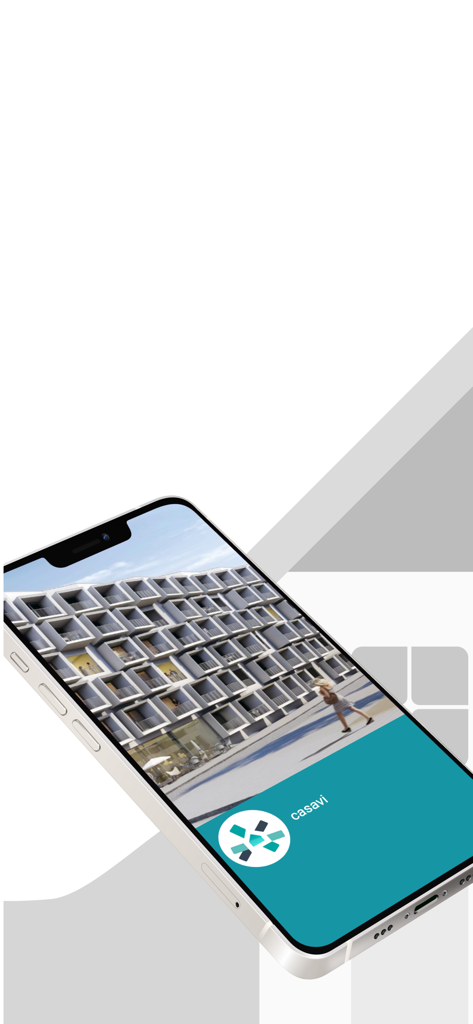 Smartphone screen displaying the casavi logo and a modern multi-story apartment building