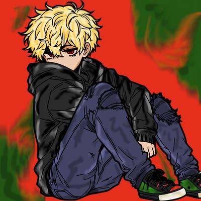 a male hoddie ripped jeans messy hair anime