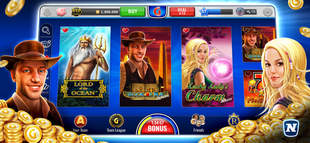 Gaminator Casino lobby showing slot games Book of Ra and Lord of the Ocean with gold coins