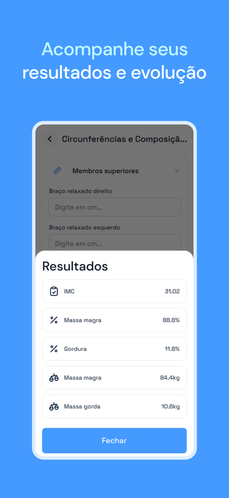 Prime Coaching - Tela do aplicativo Prime Coaching exibindo resultados de composição corporal, incluindo IMC, massa magra e percentual de gordura corporal.