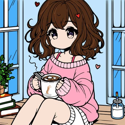 cute anime girl reading book and drinking hot chocolate from mug with loose wavy hair wearing a baggy sweatshirt and shorts sitting by windowsill looking out