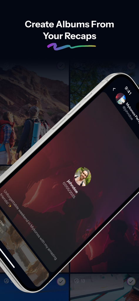 Recap: Relive Your Memories - A smartphone display showing a shared photo album on the Recap app titled Mykonos Party