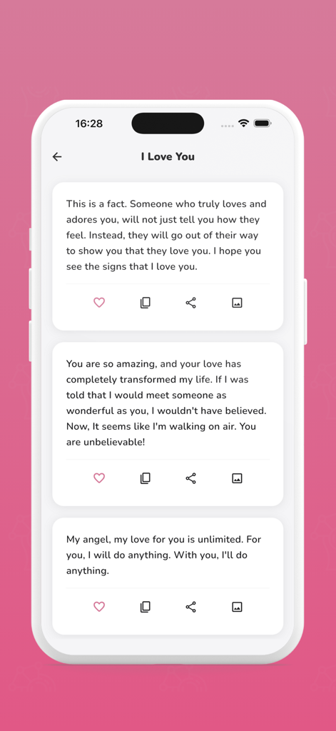 Love Quotes and Messages - 아이러브유 로맨틱 명언과 공유 및 사용자 정의 아이콘이 표시된 스마트폰 화면입니다.