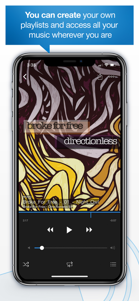 Pantalla del reproductor de música en la aplicación 4shared Mobile mostrando la lista de reproducción y las funciones de reproducción