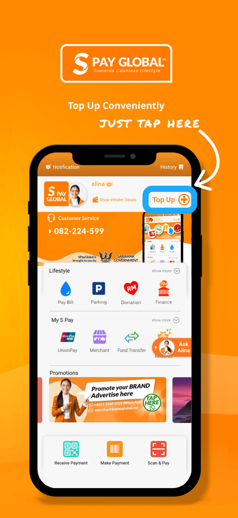S PAY GLOBAL fintech app interface showing the top up button and various payment services
