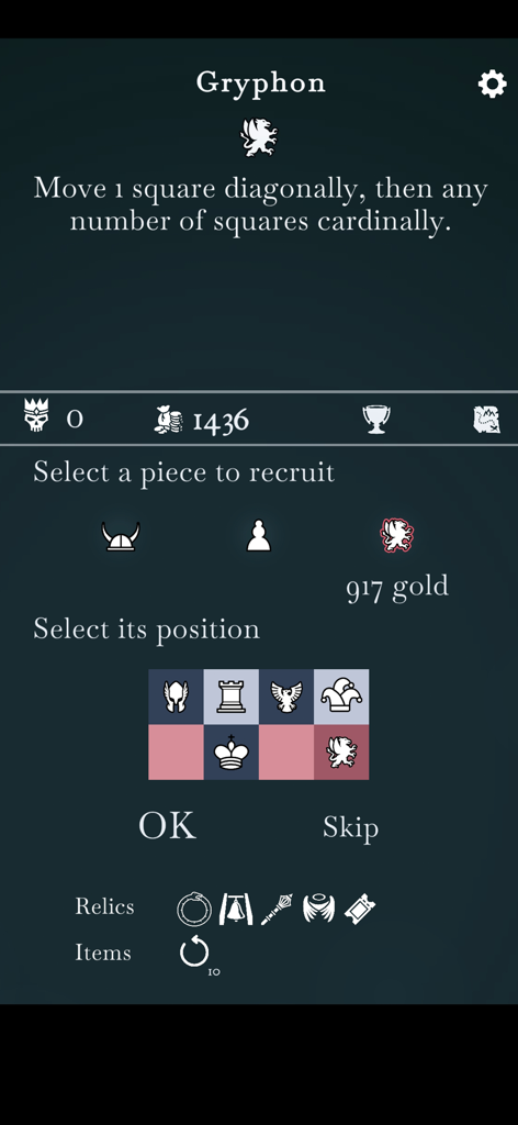 The Ouroboros King - Recruitment screen in The Ouroboros King showing the Gryphon piece movement description and recruitment cost