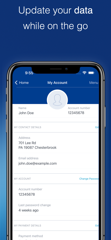 IONOS App Mein Konto Bildschirm mit Kontakt- und Kontodaten des Nutzers