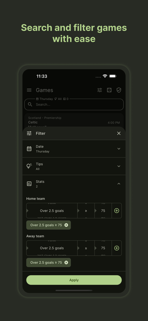 AiWon - AiWon mobile app interface showing advanced search and statistical filter settings for soccer match predictions