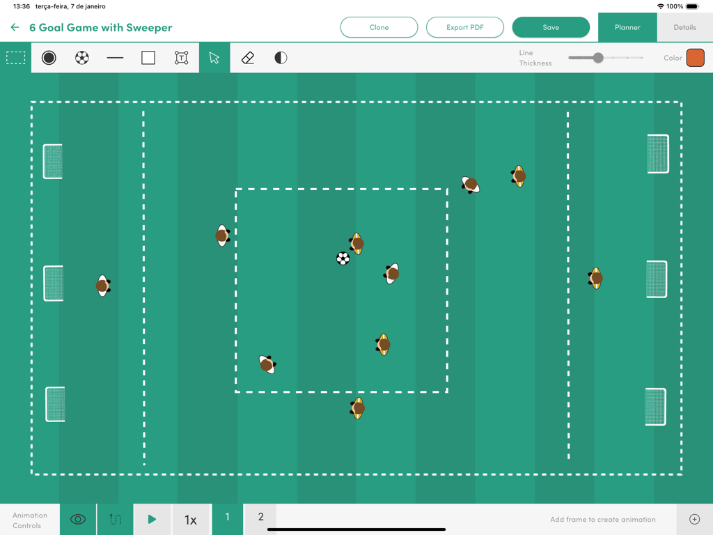 Tactical Boards app interface showing a soccer drill titled 6 Goal Game with Sweeper on a digital tactical field