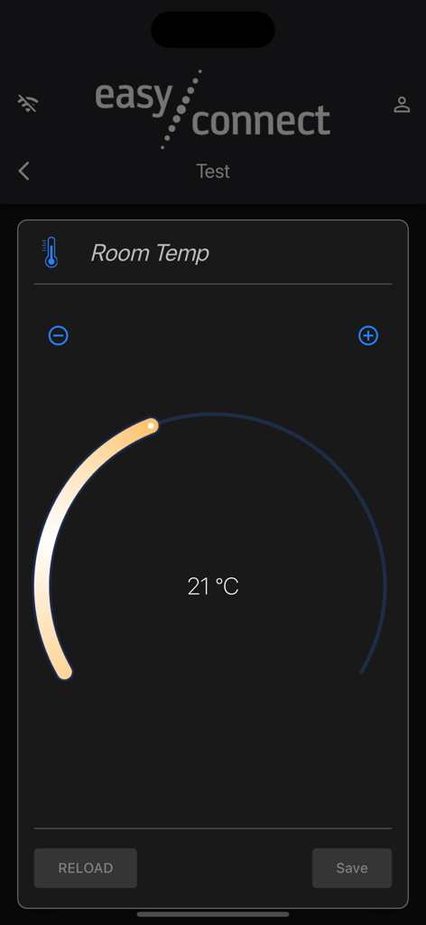 Easy Connect by MCZ - Easy Connect by MCZ app interface showing a room temperature setting of 21 degrees Celsius with a dial control