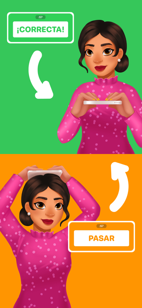 Charades Spanish - Tutorial che mostra come giocare a Charades Spanish inclinando il telefono verso il basso per corretto o verso l'alto per passare.
