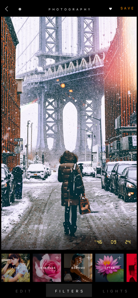 HUJI FILTER - Art Photo Editor - HUJI FILTER app interface showing a vintage film effect and date stamp on a snowy Brooklyn bridge scene
