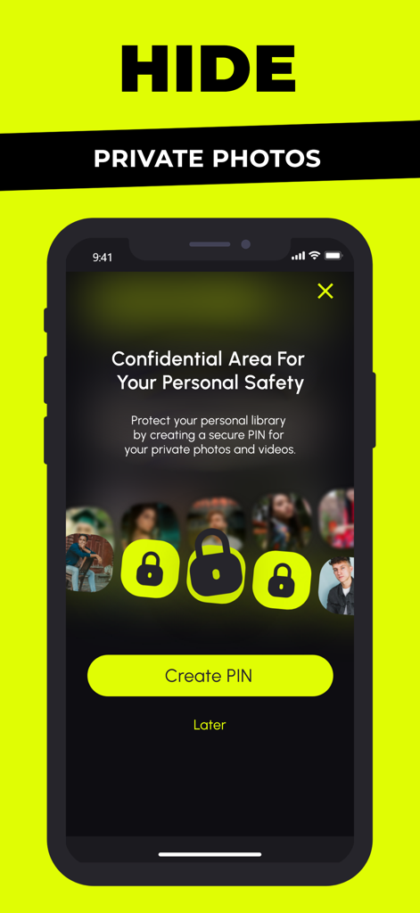 Clean AI - Phone Cleaner - Interface de l'application Clean AI montrant la fonctionnalité de zone confidentielle pour masquer les photos privées avec un code PIN sécurisé