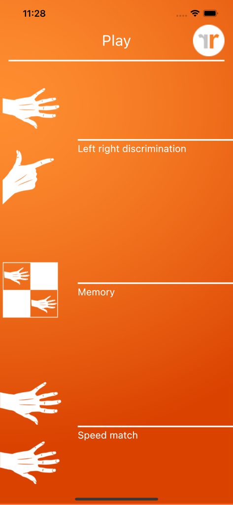 Main menu of the Recognise app showing options for Left Right Discrimination, Memory, and Speed Match training for hand rehabilitation.