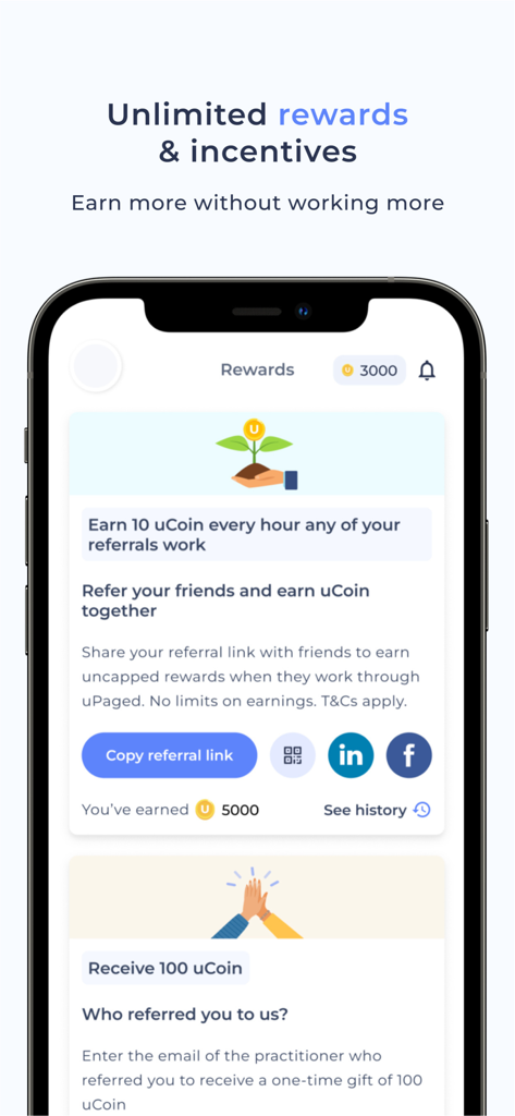 uPaged - The uPaged app rewards screen showing referral incentives and uCoin earnings for healthcare practitioners.