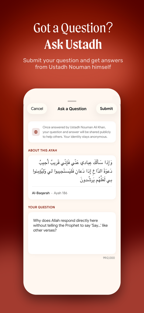 Ask Ustadh feature interface in the Revealed Quran study app