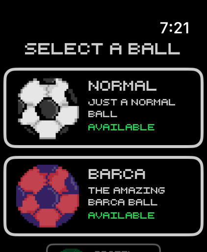 Ball-Auswahlbildschirm in Soccer Arcade für Apple Watch mit pixeligen Fußball-Designs.