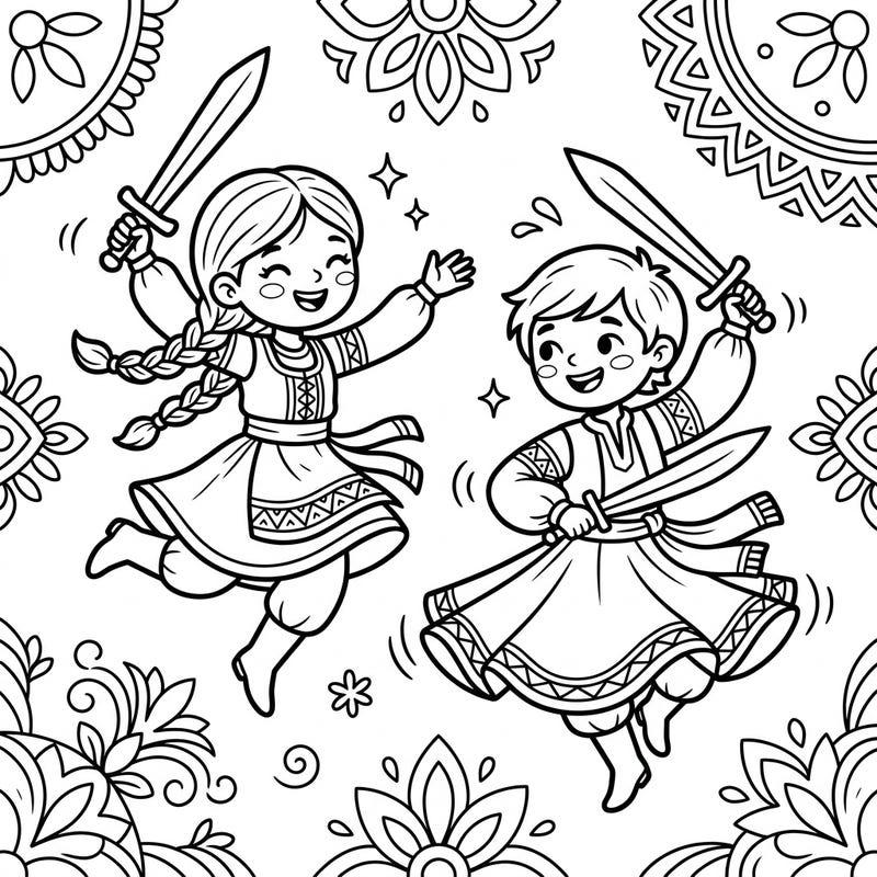 Get ready to celebrate with this exciting sword dance coloring page, specially designed for young artists aged 4-8. Watch as two joyful children perform a traditional folk dance, complete with stylized swords and vibrant energy.
