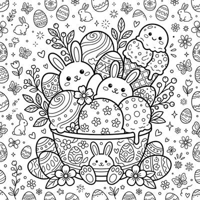 Dive into the delightful spirit of Easter with this charming coloring page, where perfectly formed ice cream scoops mingle with playful bunnies and beautifully decorated eggs. It’s a whimsical scene bursting with spring blossoms and cheer, ready for your creative touch.
