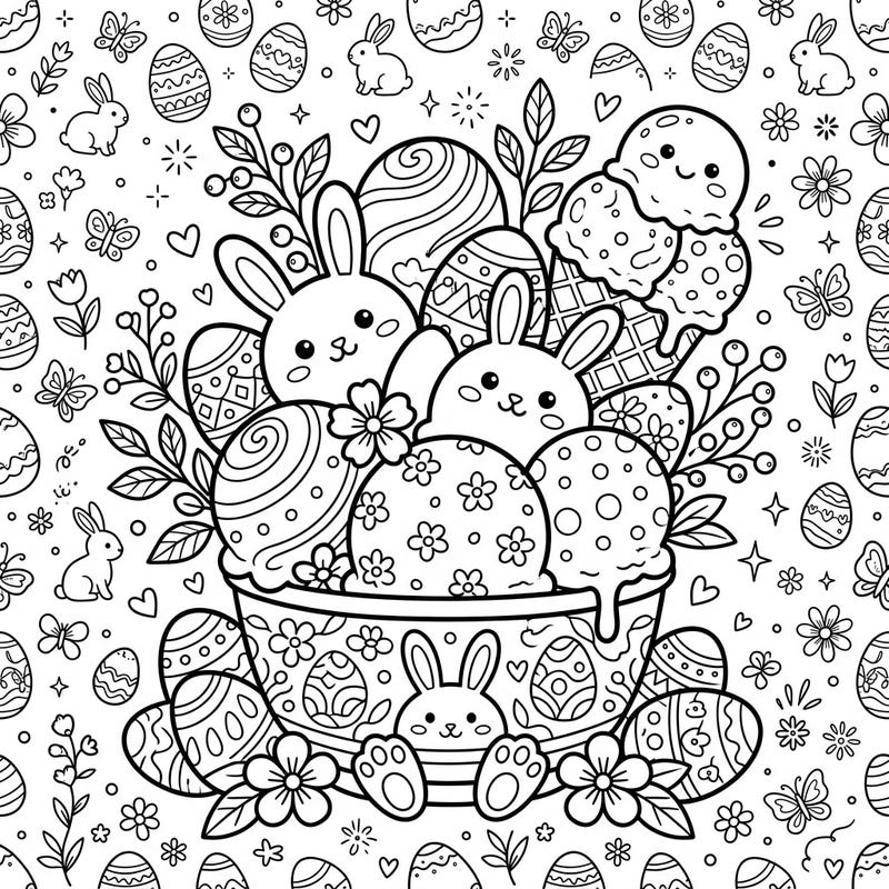 Dive into the delightful spirit of Easter with this charming coloring page, where perfectly formed ice cream scoops mingle with playful bunnies and beautifully decorated eggs. It’s a whimsical scene bursting with spring blossoms and cheer, ready for your creative touch.