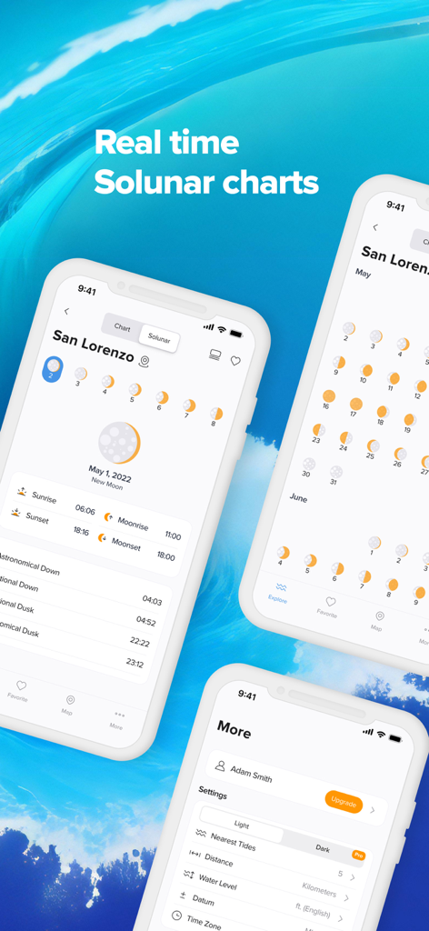 Screenshots of the NOAA Tide Chart Pro app showing real-time solunar charts moon phases and customization settings