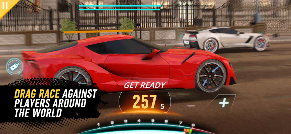Racing Go: Speed Thrills - A red sports car lines up for a competitive drag race against players worldwide in Racing Go.
