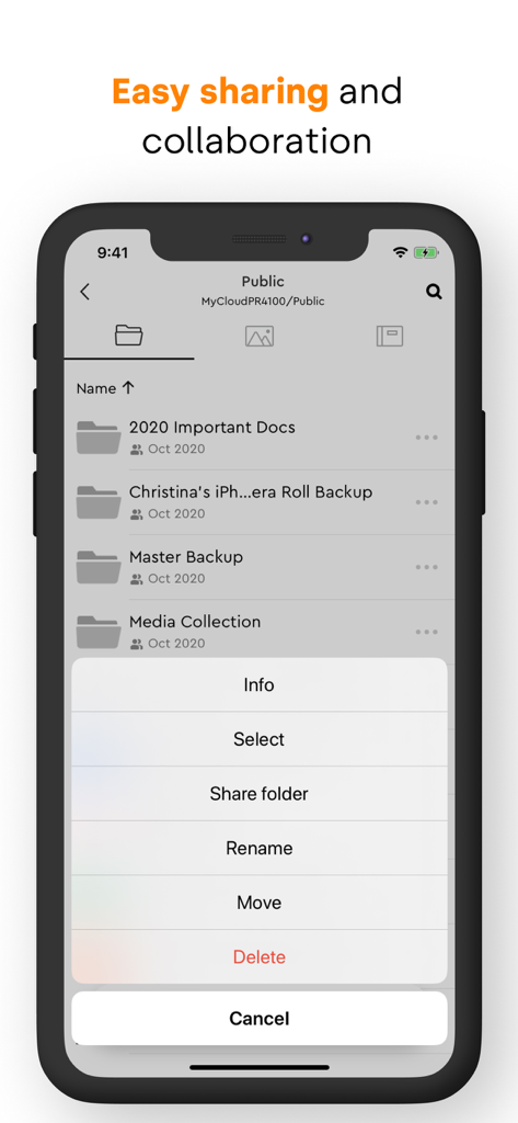 Pantalla de la aplicación móvil My Cloud OS 5 que muestra opciones de carpetas para compartir y colaborar
