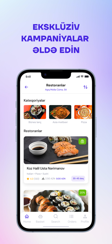 TEZGEL Online - User interface of the TEZGEL Online app displaying a list of restaurants and food categories for delivery.