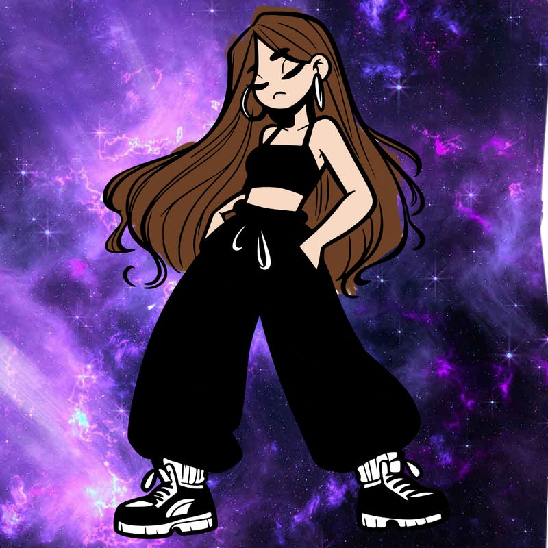 girl in baggy pants crop top and long hair