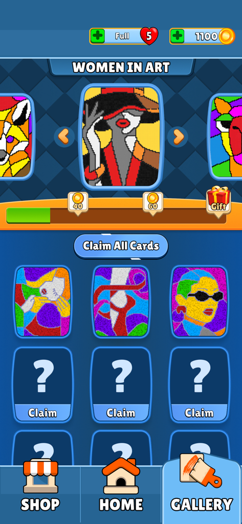 The gallery screen of the Sand Jam app showing a collection of pixel art portraits under the Women in Art category.