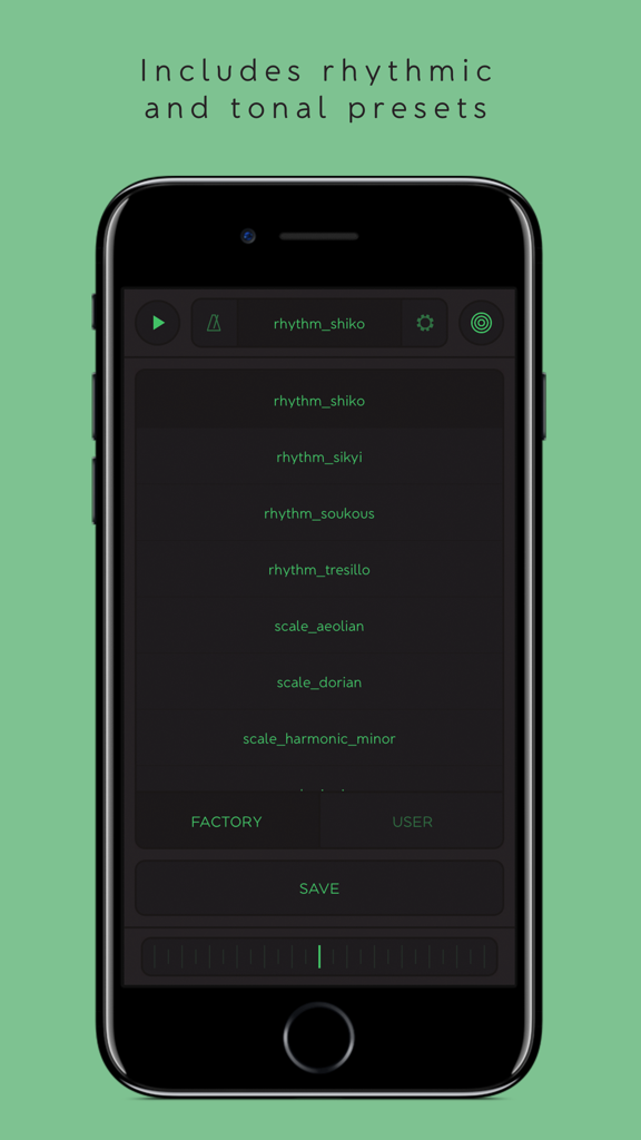 Interfaz móvil del secuenciador STEPS MIDI mostrando presets rítmicos y tonales.