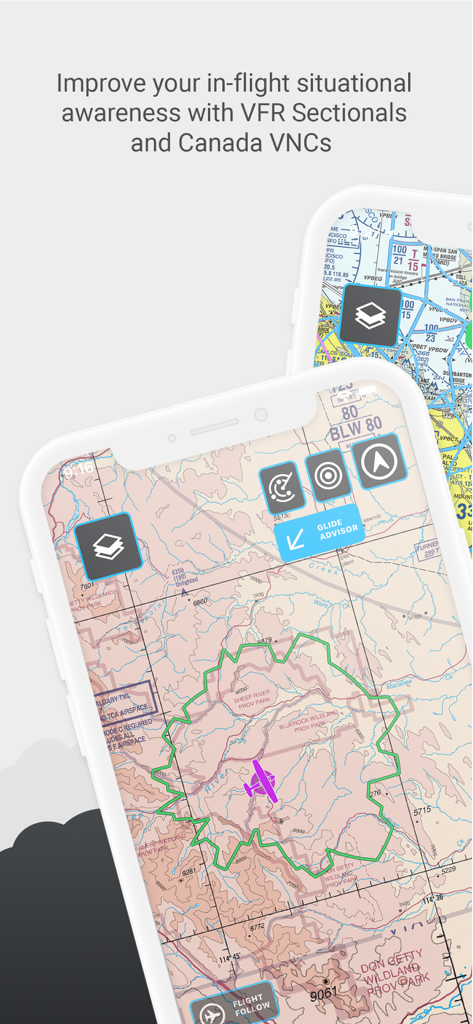 Noisy Goose mobile app showing VFR Sectional and Canada VNC aviation charts