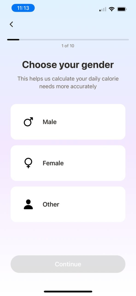 A tela de integração do Nibbs AI Calorie Tracker onde um usuário pode selecionar seu gênero para calcular as necessidades calóricas.