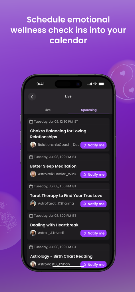 coto - A list of upcoming live emotional wellness and astrology sessions in the coto app.