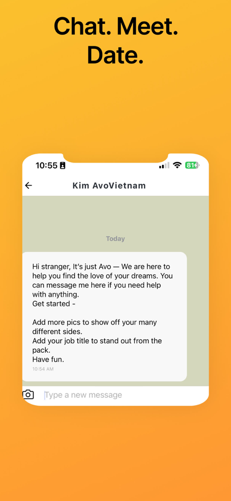 AvoVietnam dating app screen showing a chat interface with a welcome message and user profile tips on a yellow background