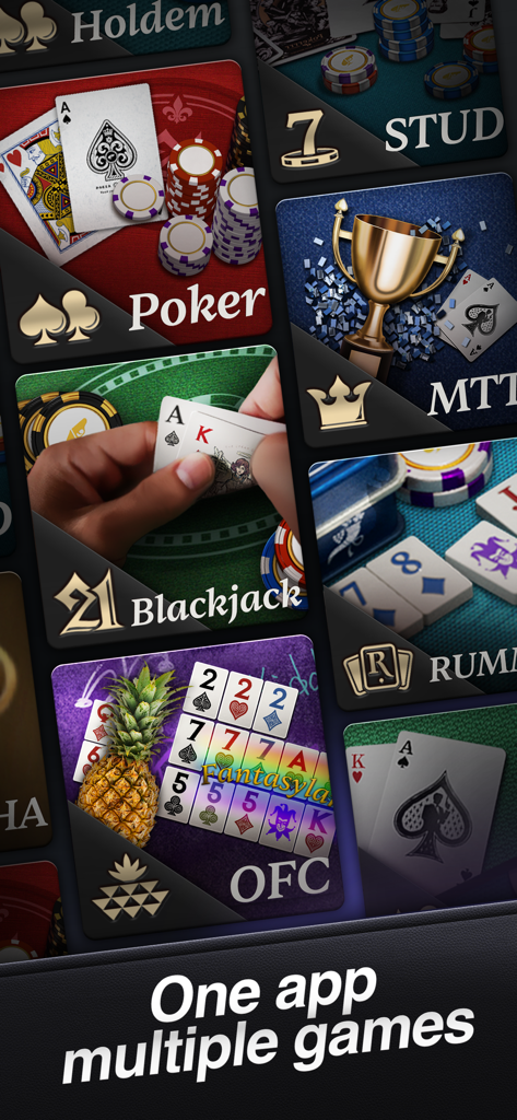 Selection of various card games including Poker Blackjack and Rummy in the Pokerrrr 2 app