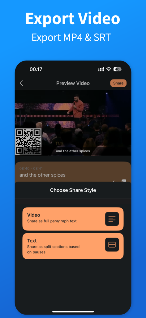 Captions AI ™ - Captura de tela do aplicativo Captions AI mostrando opções de exportação de vídeo e compartilhamento de legendas para criadores.