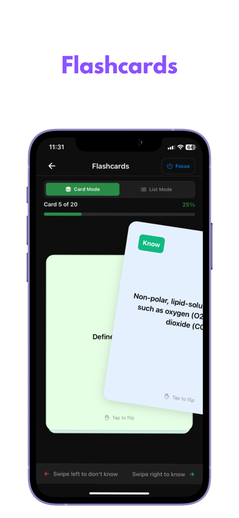 Écran de fiches de révision de l'application StudyTok AI montrant le mode carte et les fonctionnalités de rappel actif