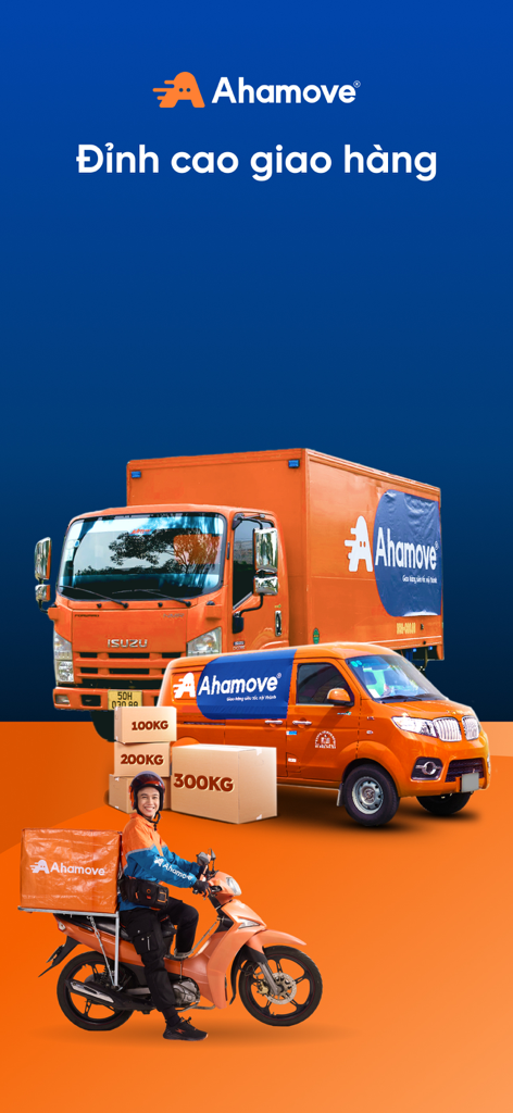 Tài xế Aha - Ahamove delivery fleet showing a truck van and motorbike driver