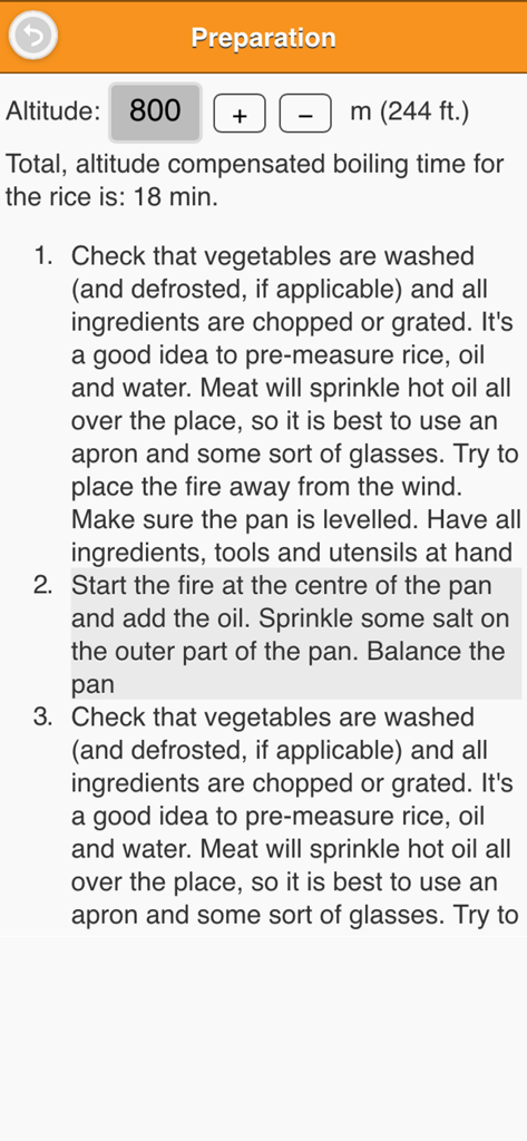 Paella Infalible - Preparation screen of Paella Infalible app showing altitude adjustment for rice boiling time and step by step instructions.