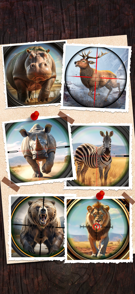 Eine Collage von Wildtieren wie Löwen und Bären, gesehen durch das Zielfernrohr eines Scharfschützen